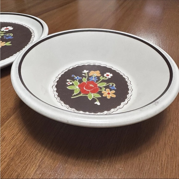 Vintage 1970s Mikasa Int’l Brown Denim Floral 11” Plate And Bowl SET E4803 - Picture 6 of 8